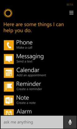 Using Cortana menu in windows phone